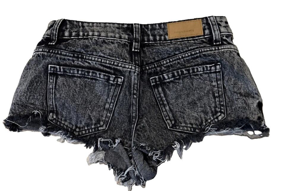 Simple Society Black Denim Cut-Off 24in /0 Shorts DistressedFringe Booty Shorts